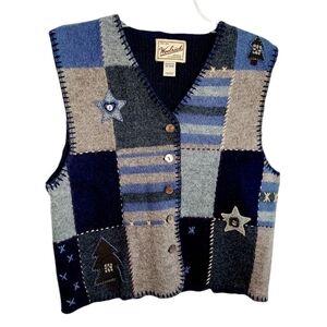 Vintage Woolrich 100% Wool Christmas Sweater Vest Cardigan Patchwork Medium EUC
